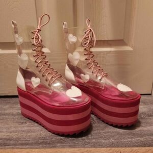 Dollskill Size 10.5/11 Pink and White Clear Platform Heart Shoes by Sugarbaby